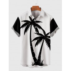 White and Black Matching Palms Coconut Tree Printing Men's Short Sleeve Shirt