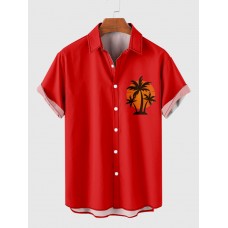 Vintage Red Coconut Tree Printing Men's Short Sleeve Shirt