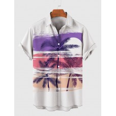 Retro Purple & White Coconut Trees Printing Men's Short Sleeve Shirt